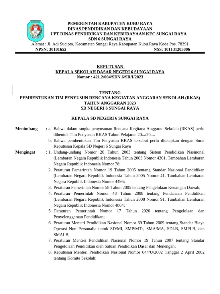 Pembentukan Tim RKAS SDN 6 Sungai Raya | PDF