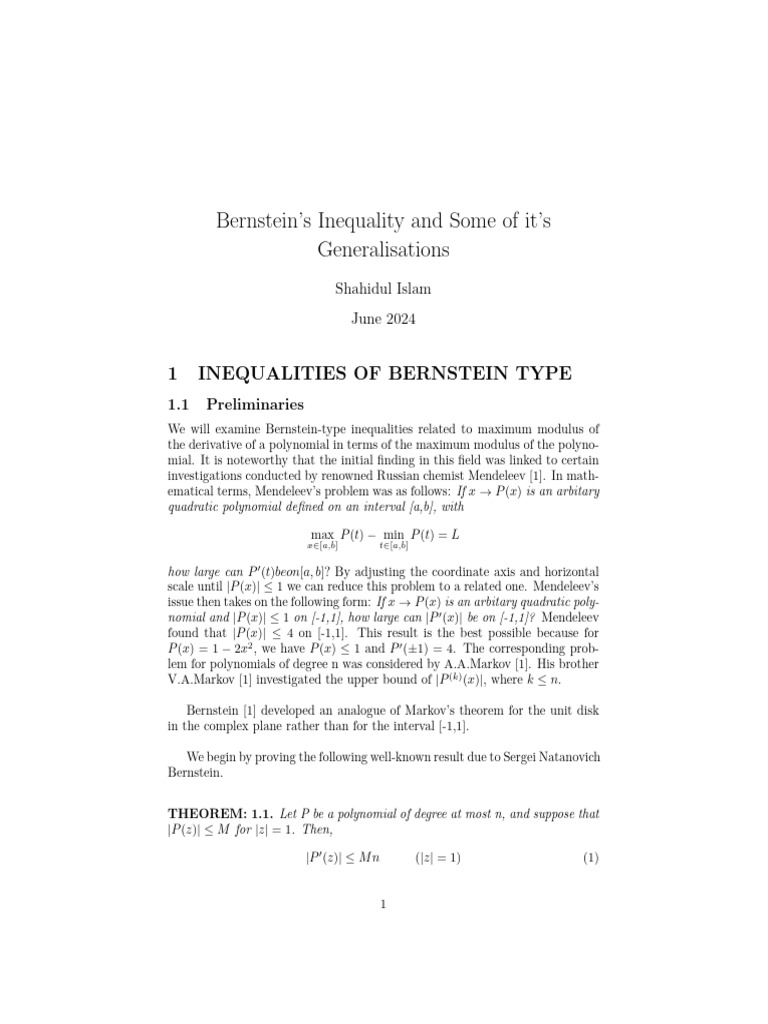 Bernstien S Inequality and Some of It S Generalisations | PDF ...