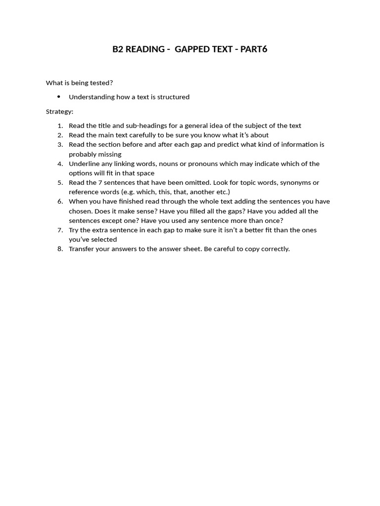 B2 Gapped Text Reading Strategy Guide | PDF
