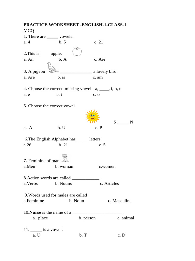 English Class 1 Practice Worksheet | PDF | Grammatical Gender | English ...