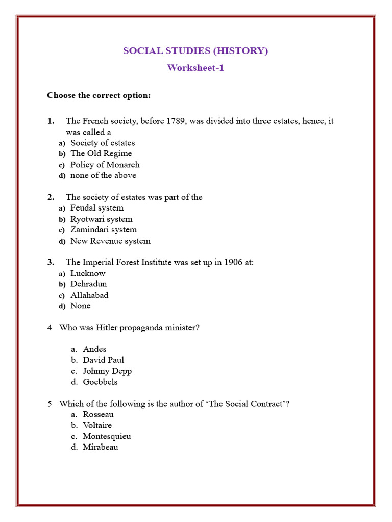 Social Studies History Worksheet Quiz | PDF
