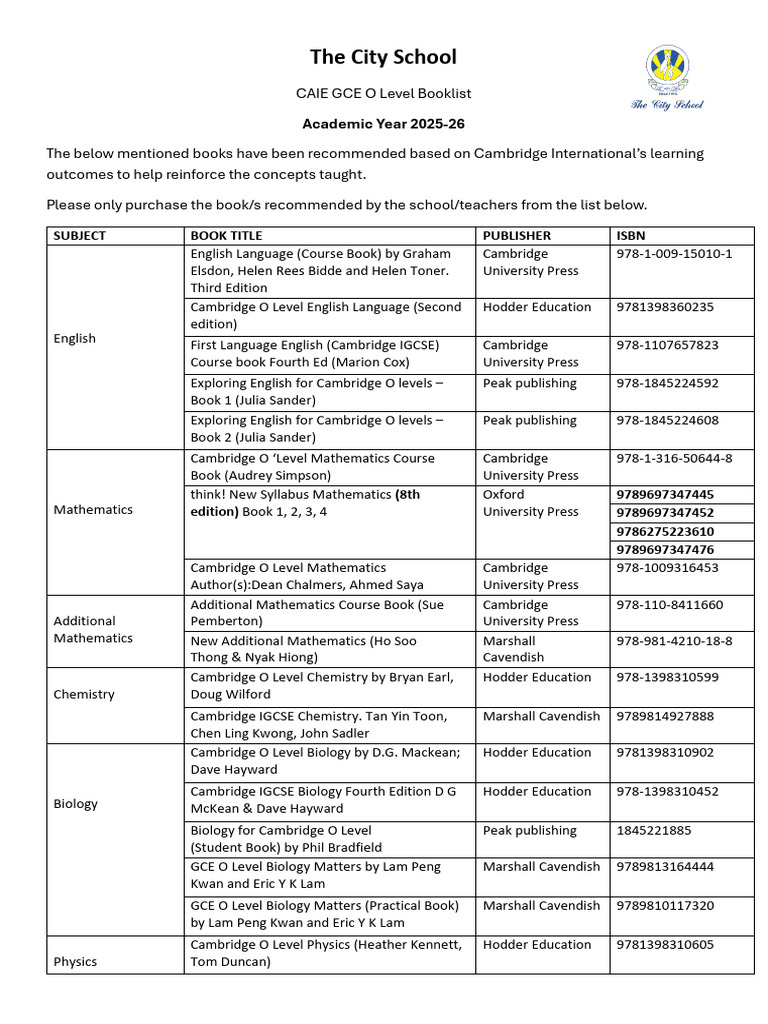 O Level Booklist 2025-26 | PDF | Qualifications | Vocational Education