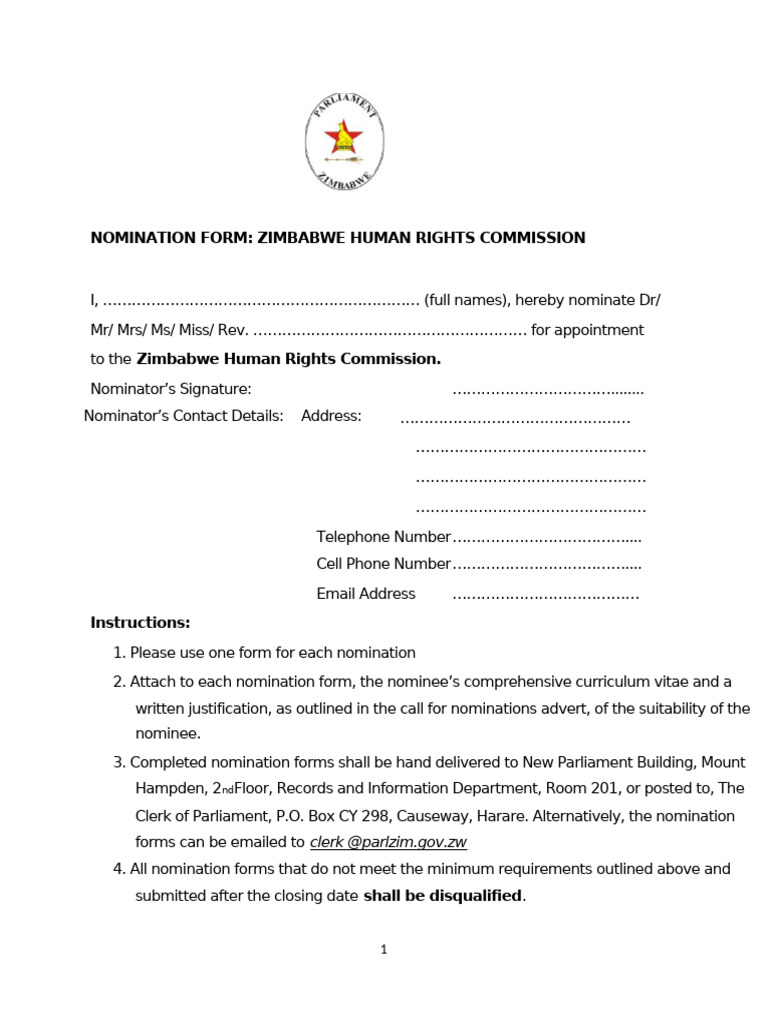 Zimbabwe Human Rights Commission Nomination Form | PDF