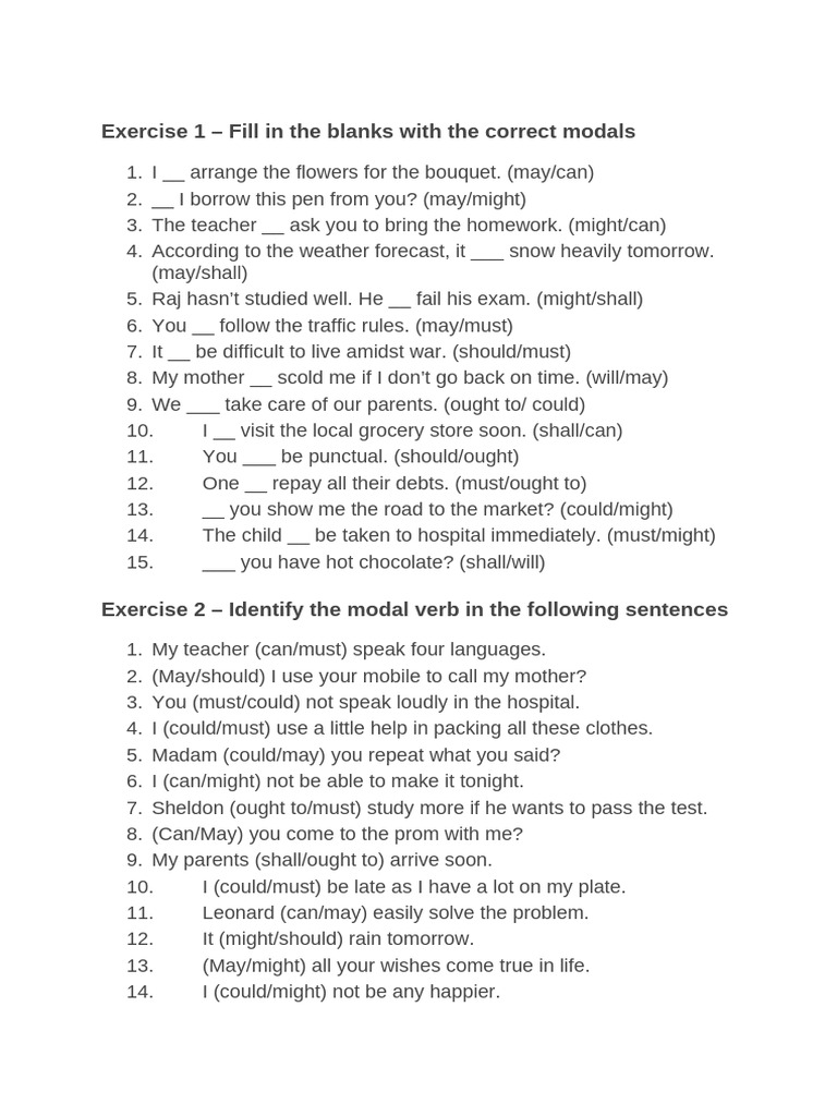 Modal Verbs Exercise for Students | PDF