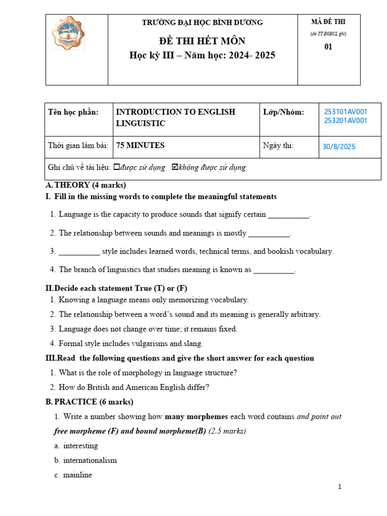 English Linguistics Exam Paper 2024 | PDF
