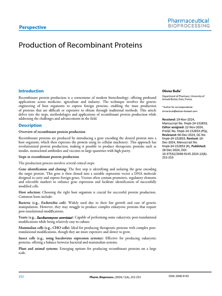 Production of Recombinant Proteins | PDF | Recombinant Dna | Molecular ...