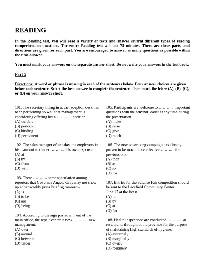 Reading Test Instructions and Format | PDF