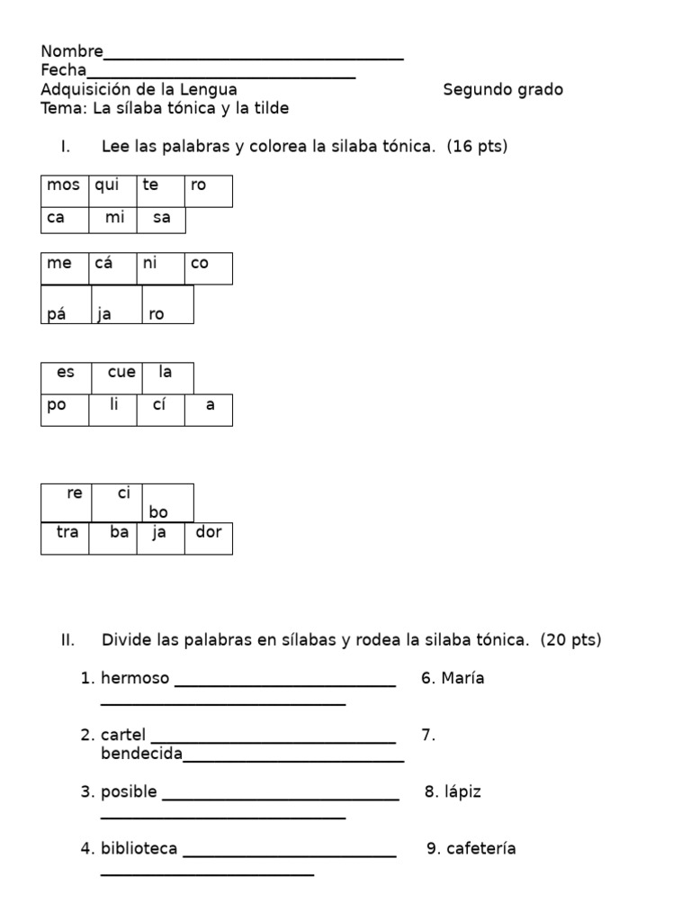Sílaba Tónica y Tilde en Segundo Grado | PDF