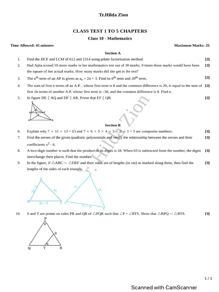 X Revision Class Test Maths (1-5) | PDF