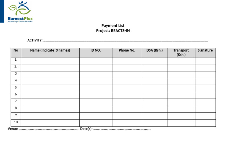 REACTS-IN Payment List Template | PDF