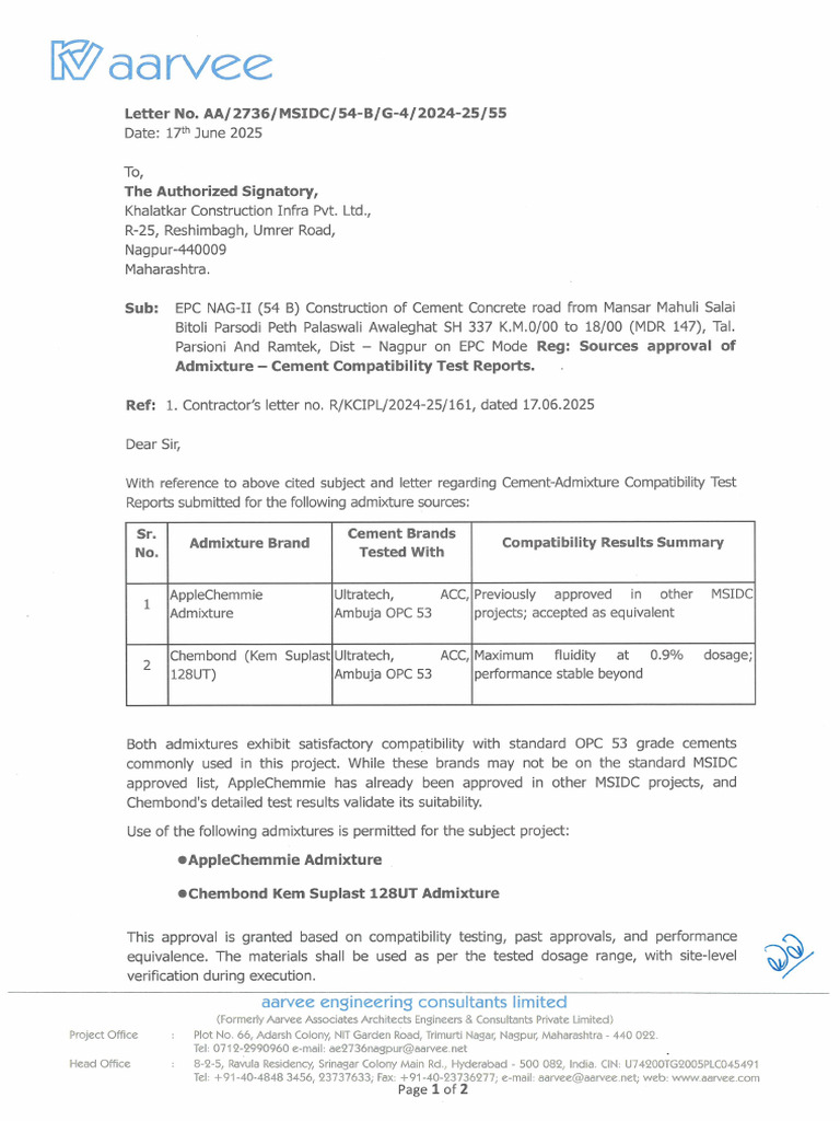54-B, Sources Approval of Admixture - Cement Compatibility Test Reports ...