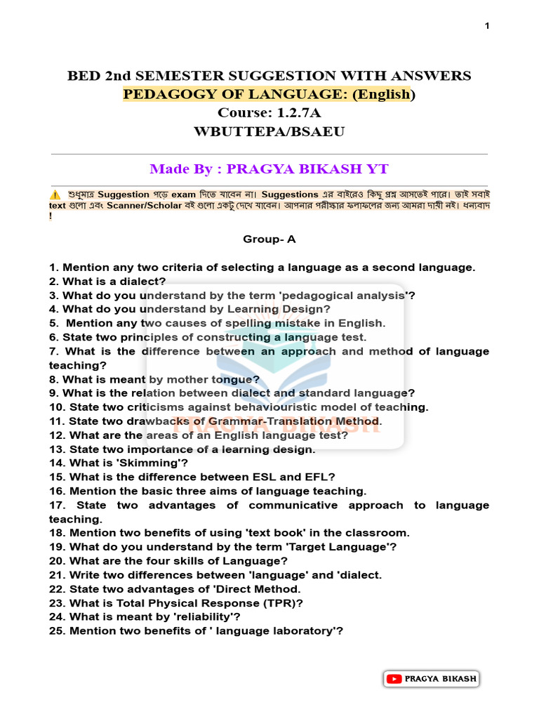 BED 2nd Semester Language Pedagogy Guide | PDF | English As A Second Or ...