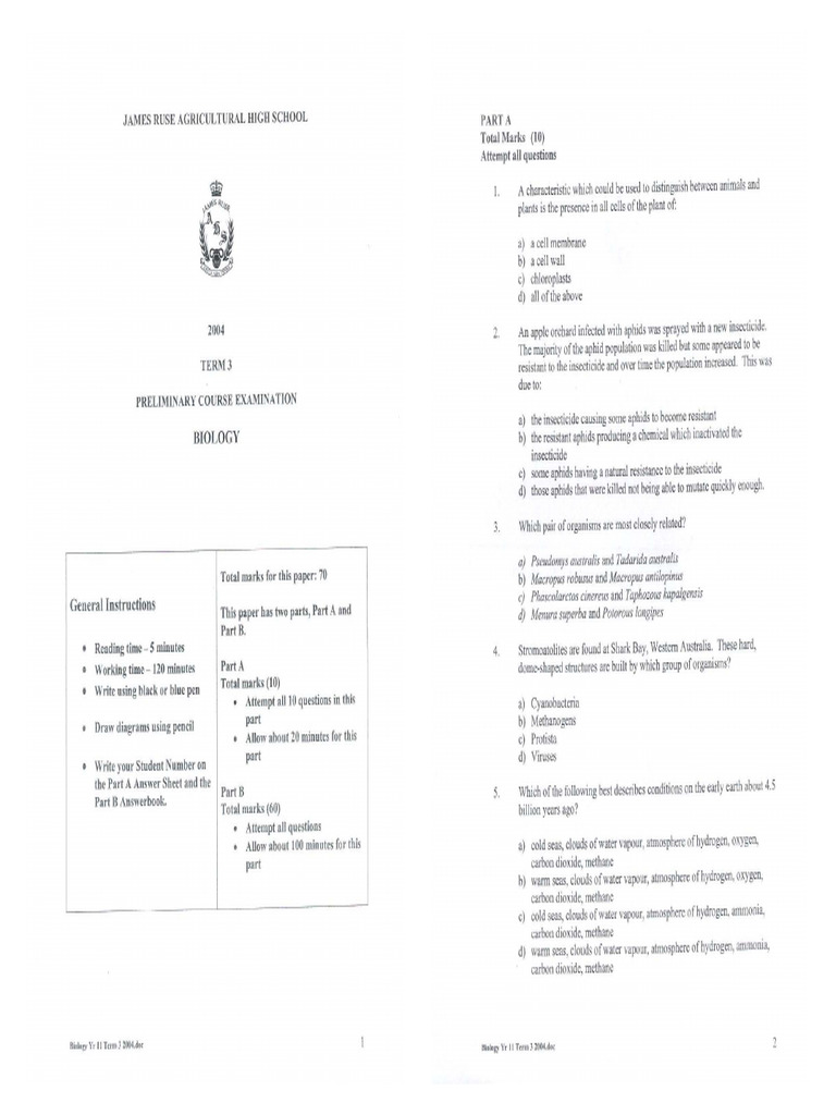 2004 P BIO - James Ruse - Prelim Yearly Exam Paper | PDF
