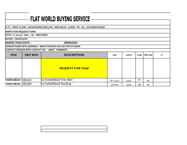 Inspection Request for Frontgate Order | PDF