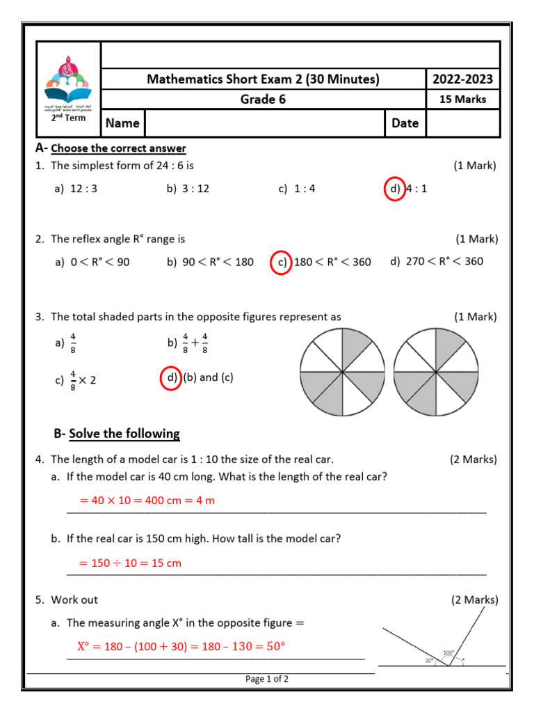 Math - 2nd Term - Short Exam-2 - Grade-6 + Answer | PDF ...