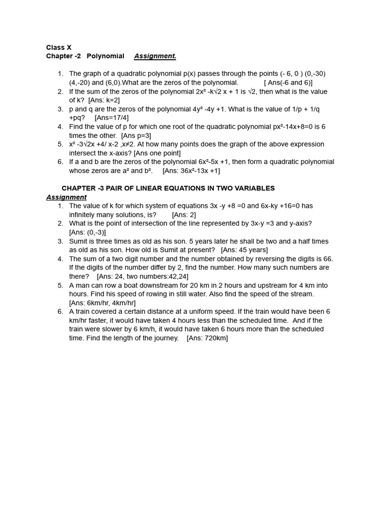 Class X Polynomial & Linear Equations Assignment | PDF