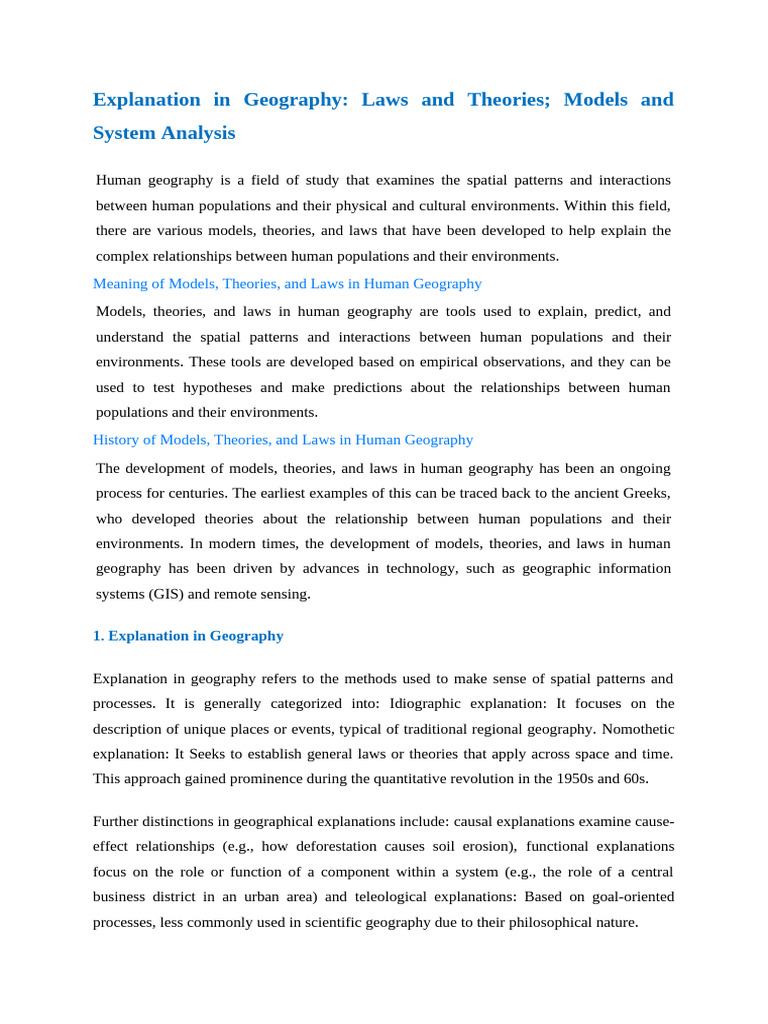 Human Geography: Models and Theories | PDF | Geography | System