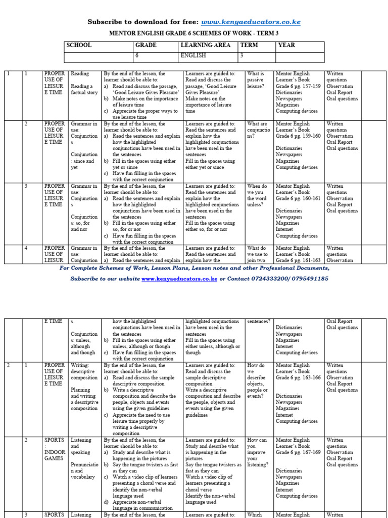 Grade 6 English Term 3 Schemes | PDF | English Language | Linguistics