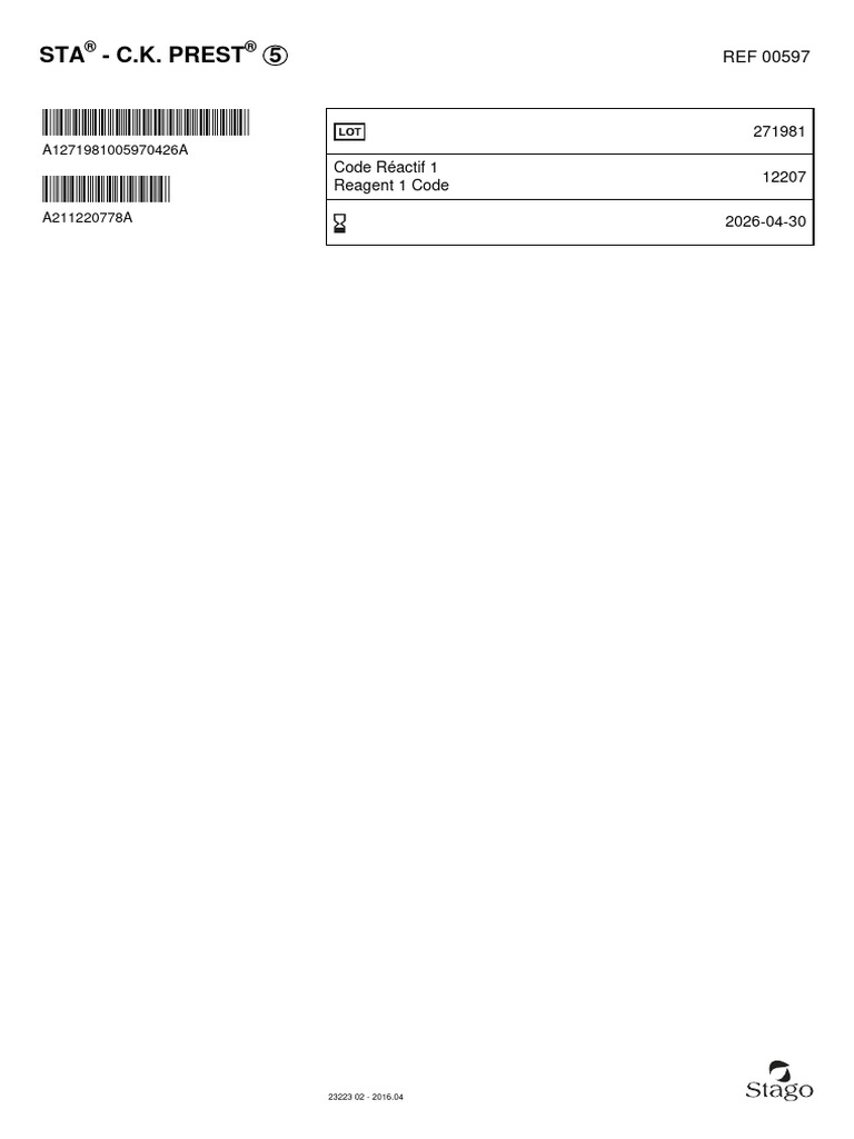 STA® C.K. PREST® Reagent 1 Code 00597 | PDF