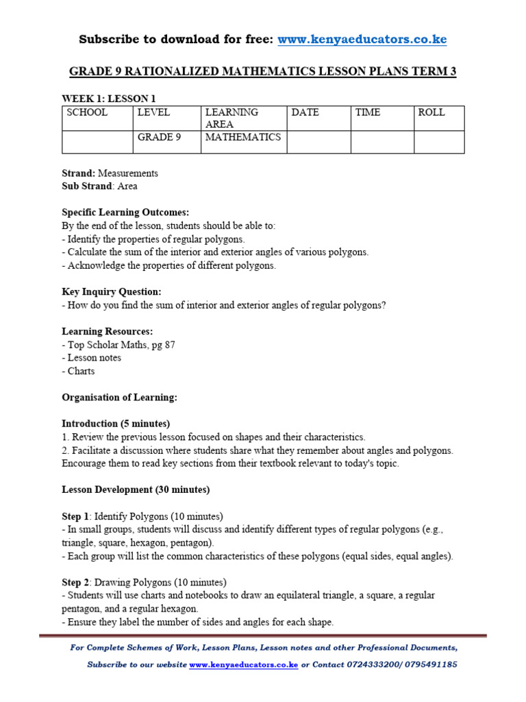 Grade 9 Term 3 Math Lesson Plans | PDF | Area | Polygon