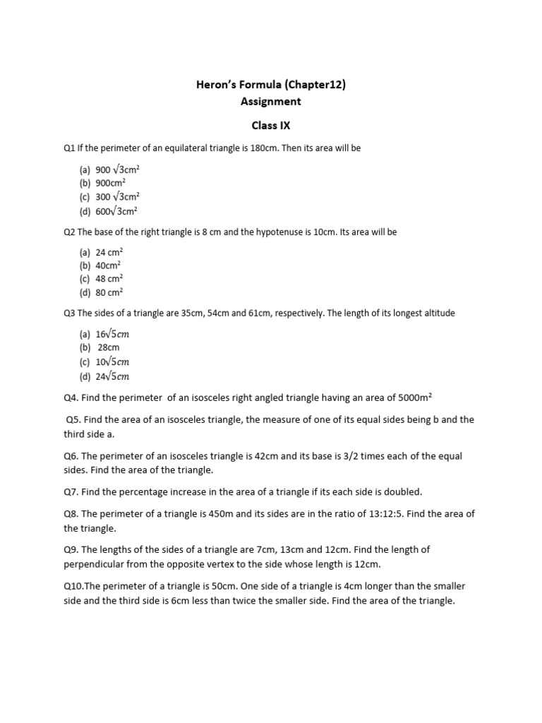 Heron's Formula Triangle Area Problems | PDF