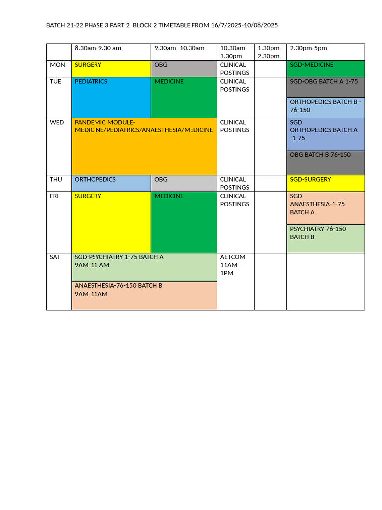 July Aug Master Time Table | PDF