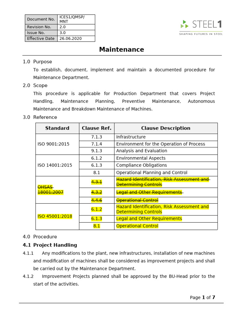 Maintenance Procedure for Production Department | PDF | Risk ...