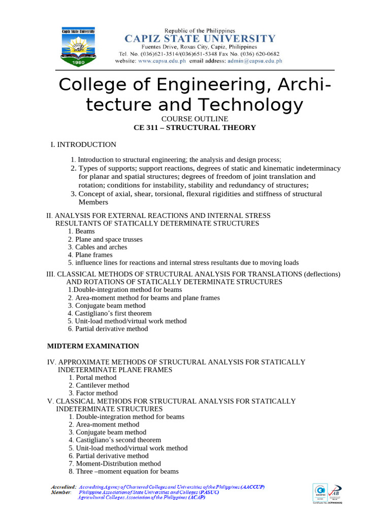 CE 311 Structural Theory Course Outline | PDF | Structural Analysis ...