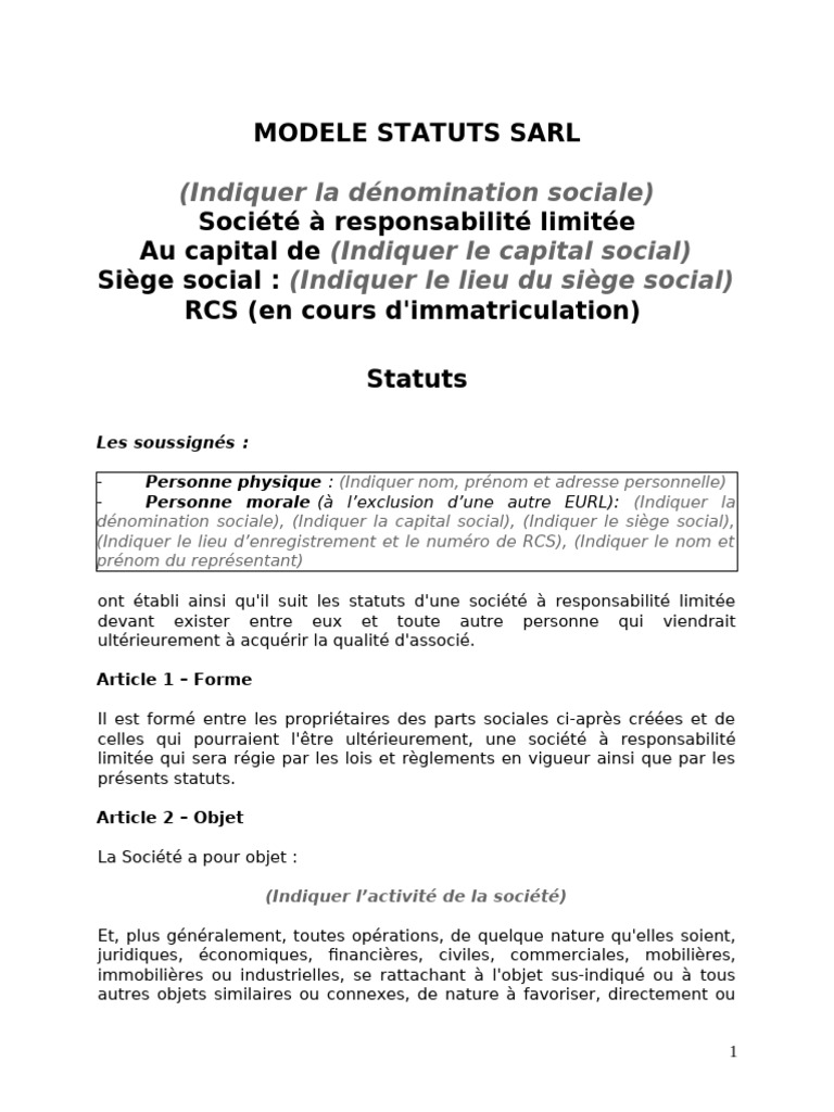 Modèle de statuts SARL pour 2 associés | PDF