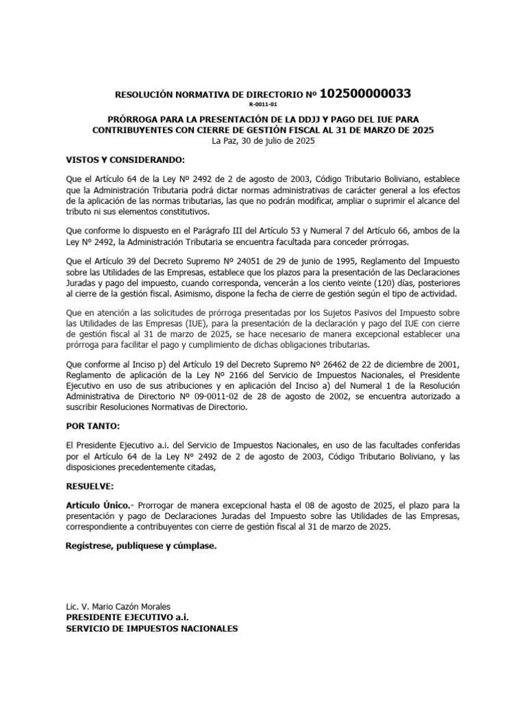 Prórroga IUE hasta 8 de agosto 2025 | PDF | Impuestos | Gobierno
