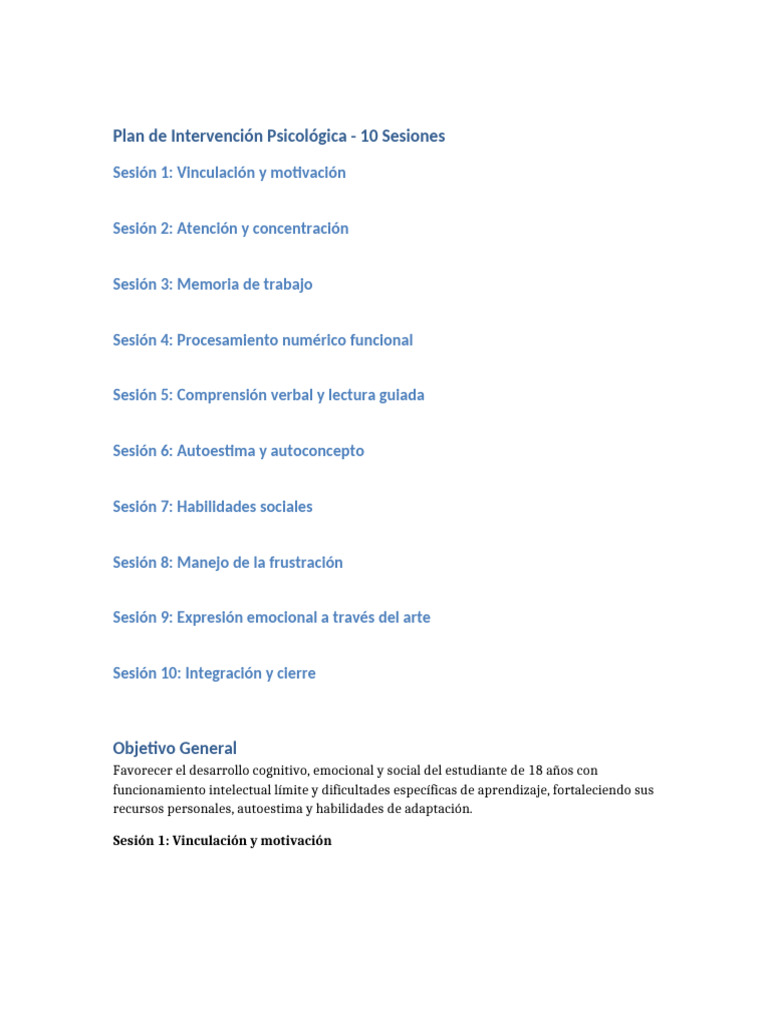 Plan de Intervención Psicológica en 10 Sesiones | PDF | Las emociones ...