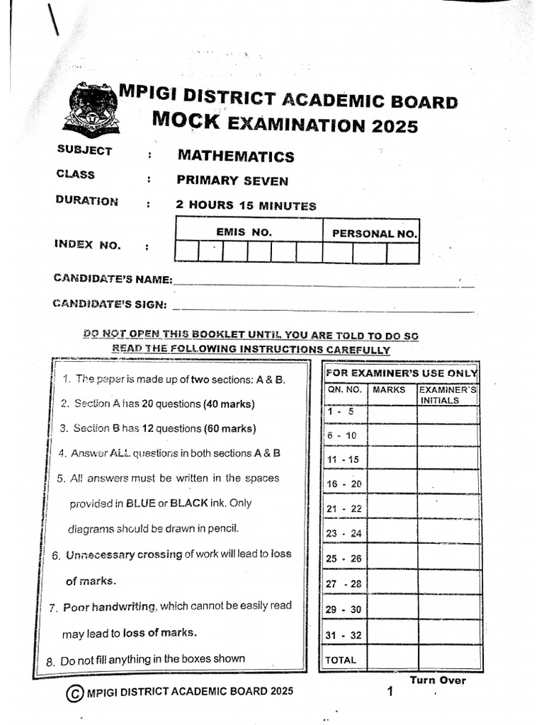 Mpigi Math Mock 2025 | PDF
