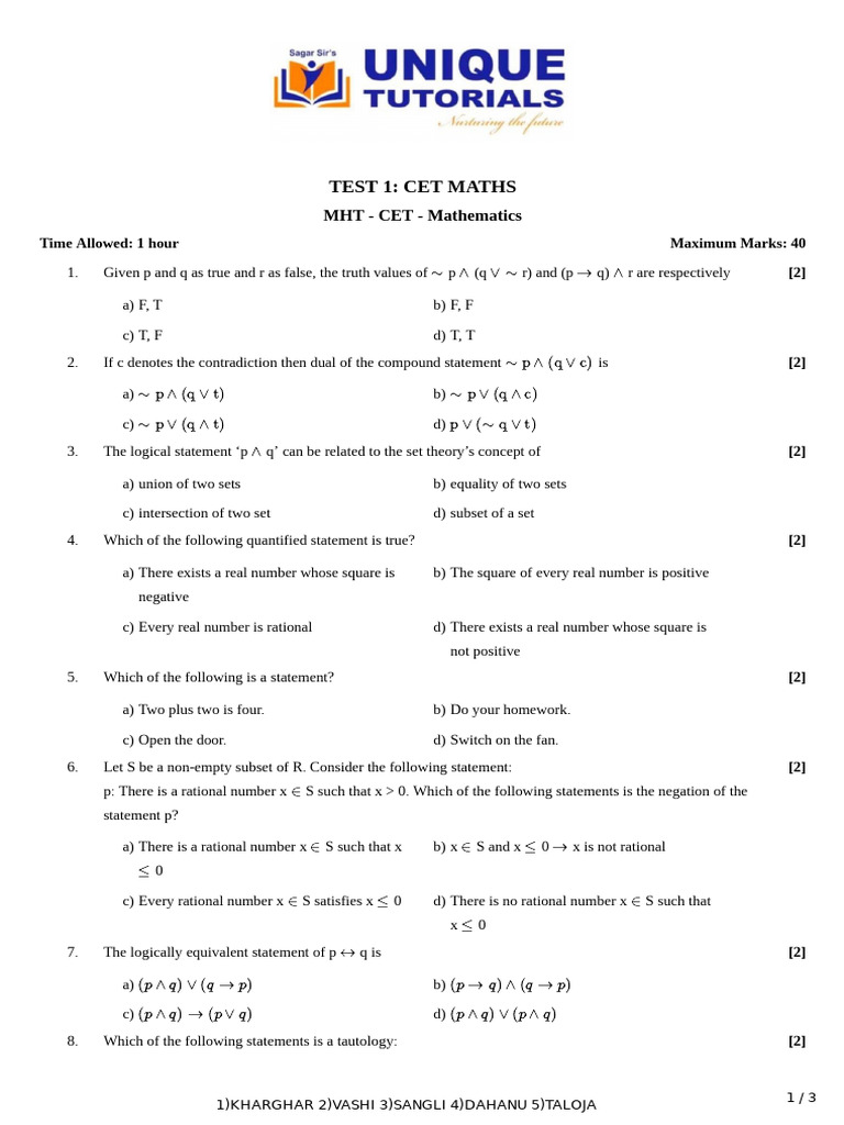 MHT CET Mathematics Test Questions | PDF | Numbers | Metalogic