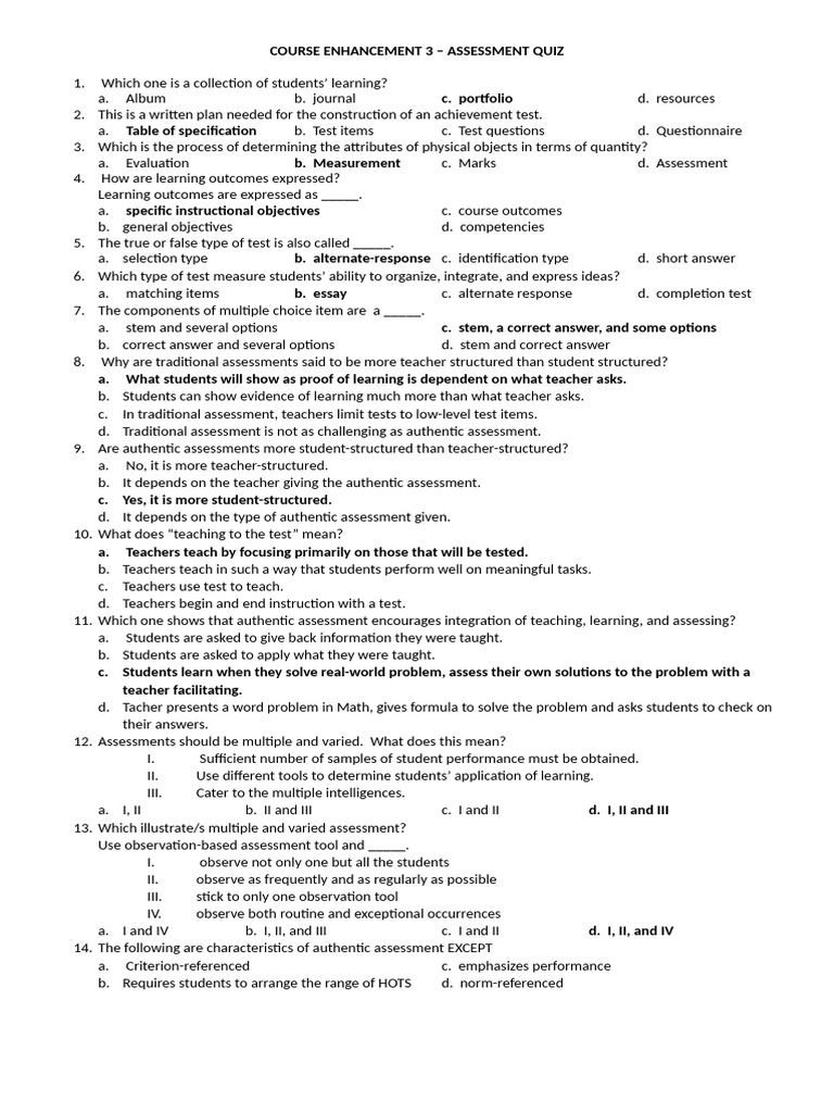 Assessment Quiz for Course Enhancement | PDF | Educational Assessment ...