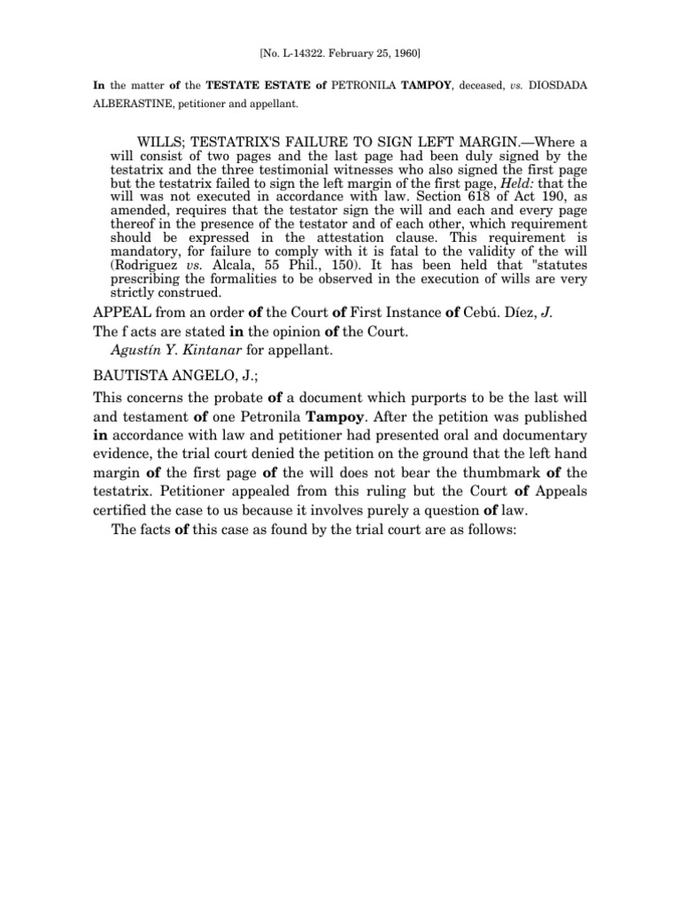 in Re Testate Estate of Tampoy SCRA | PDF | Will And Testament ...