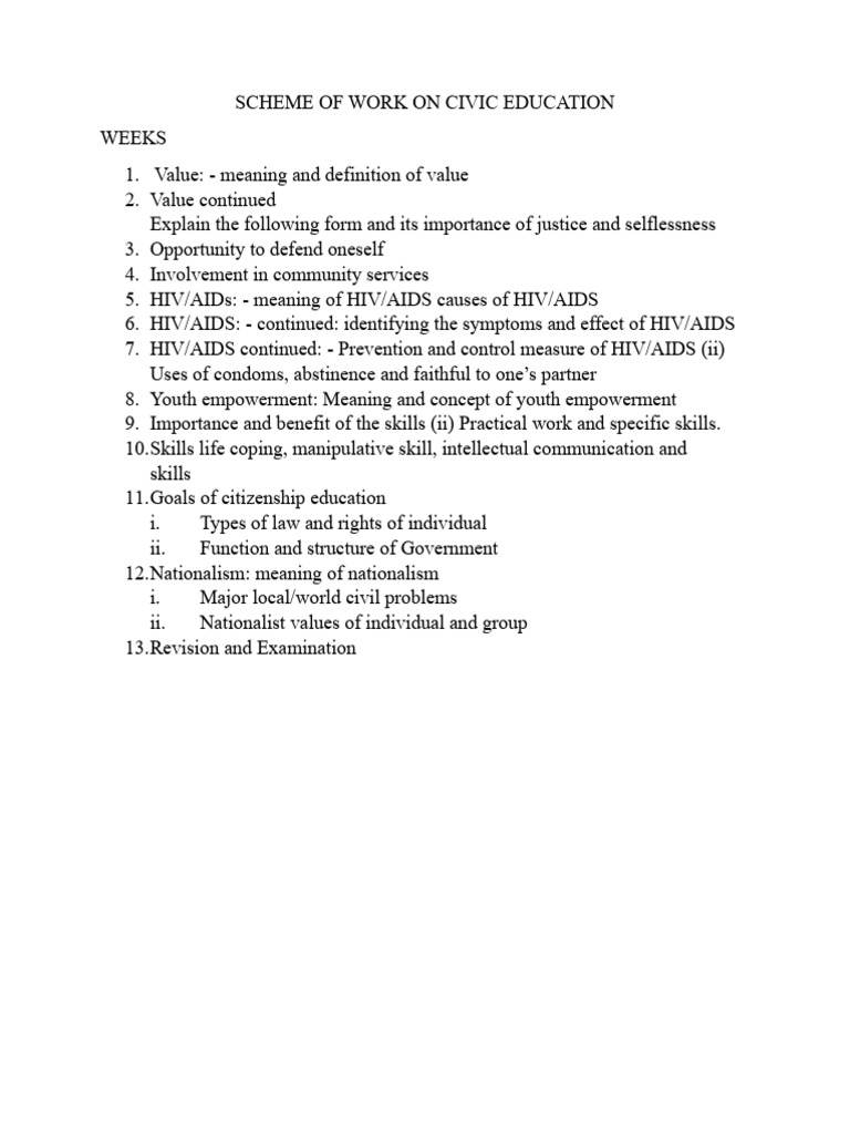 Scheme of Work On Civic Education | PDF | Hiv/Aids | Citizenship