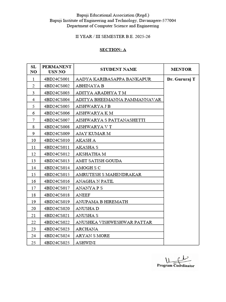 CSE II Year B.E. 2025-26 Student List | PDF