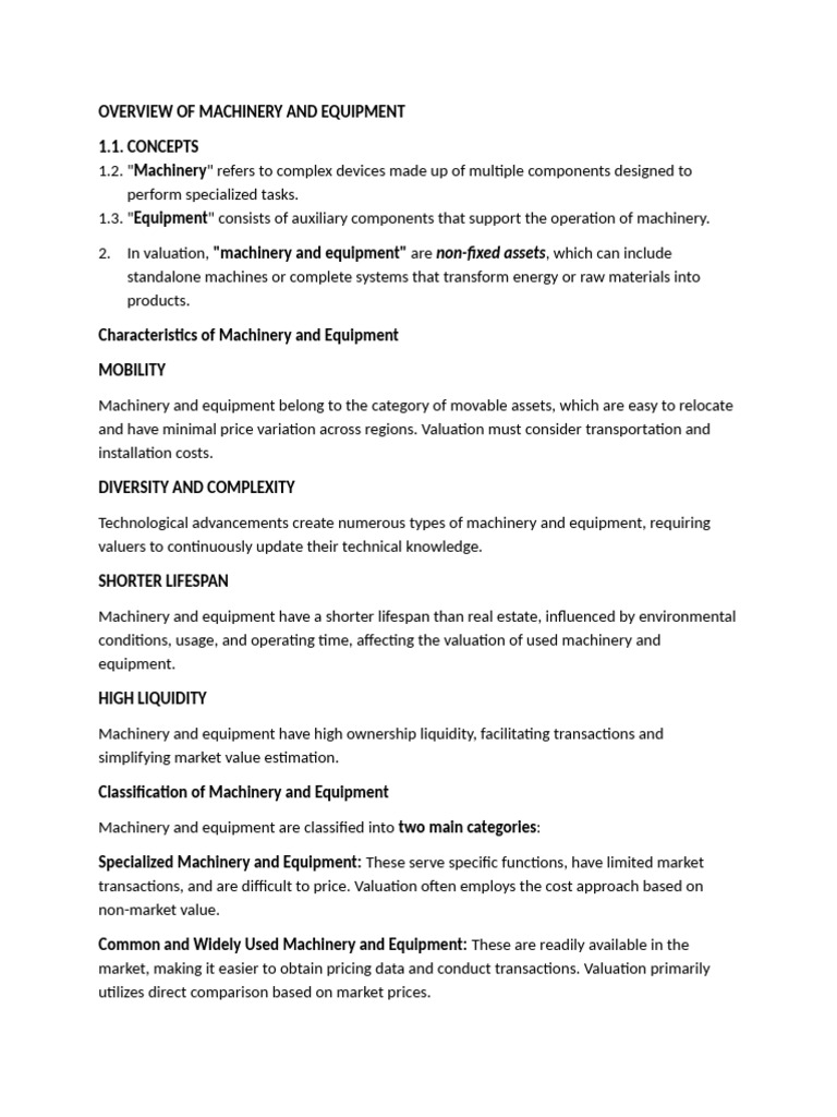 Overview of Machinery and Equipment | PDF | Valuation (Finance) | Real ...