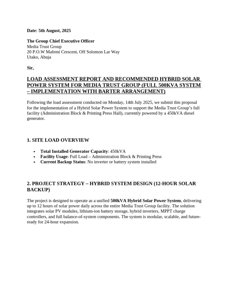 Hybrid Solar Power Proposal for Media Trust | PDF | Photovoltaic System ...