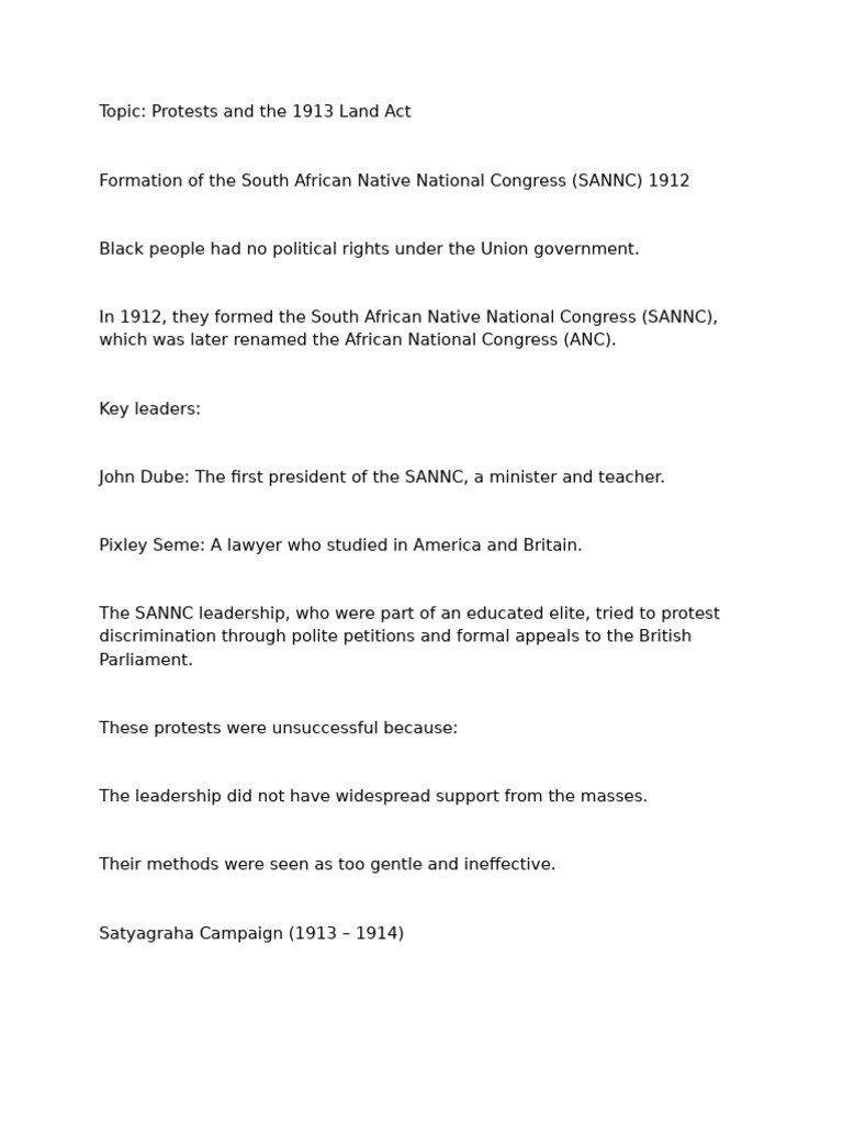 1913 Land Act and Early Protests in SA | PDF | African National ...