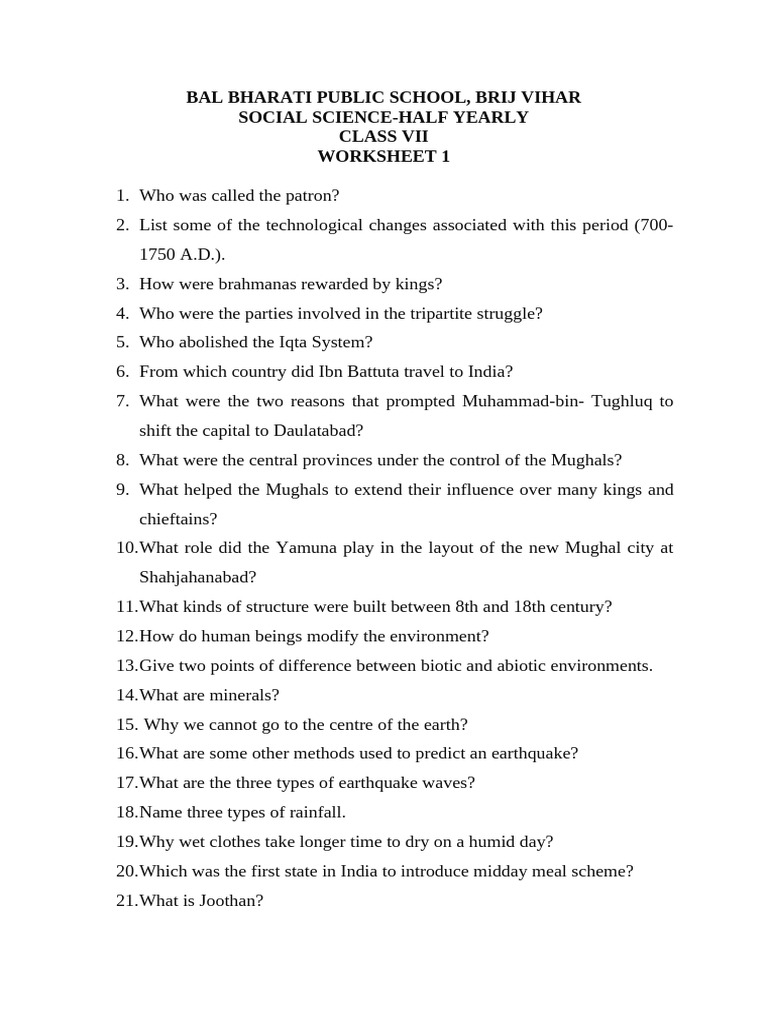 Class 7 Worksheet-1 | PDF