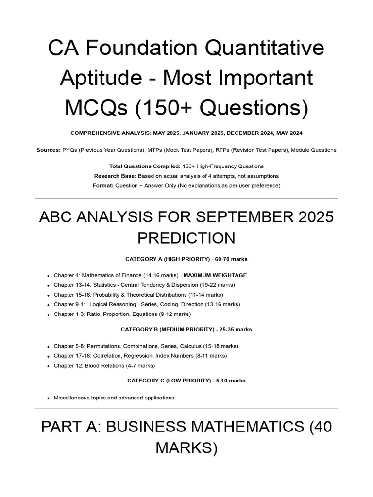 CA Foundation Quantitative Aptitude MCQs | PDF | Standard Deviation ...