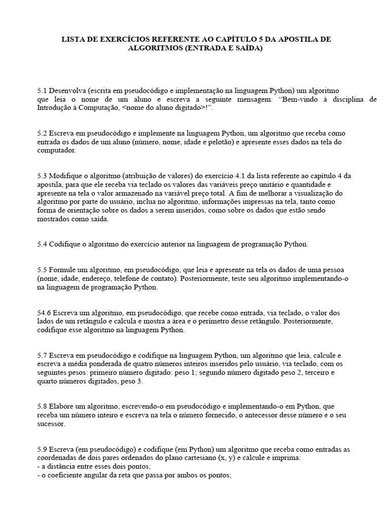 Exercícios de Algoritmos em Python | PDF | Algoritmos | Python ...