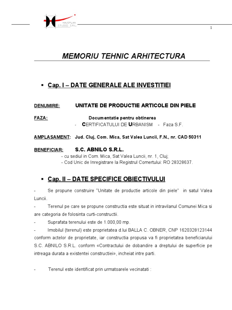 Memoriu Justificativ Pt Certificat De Urbanism Abnilo