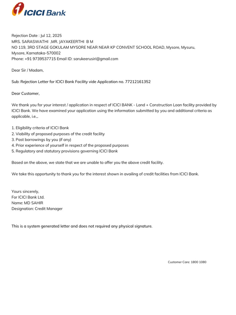 ICICI Bank Loan Application Rejection Notice | PDF