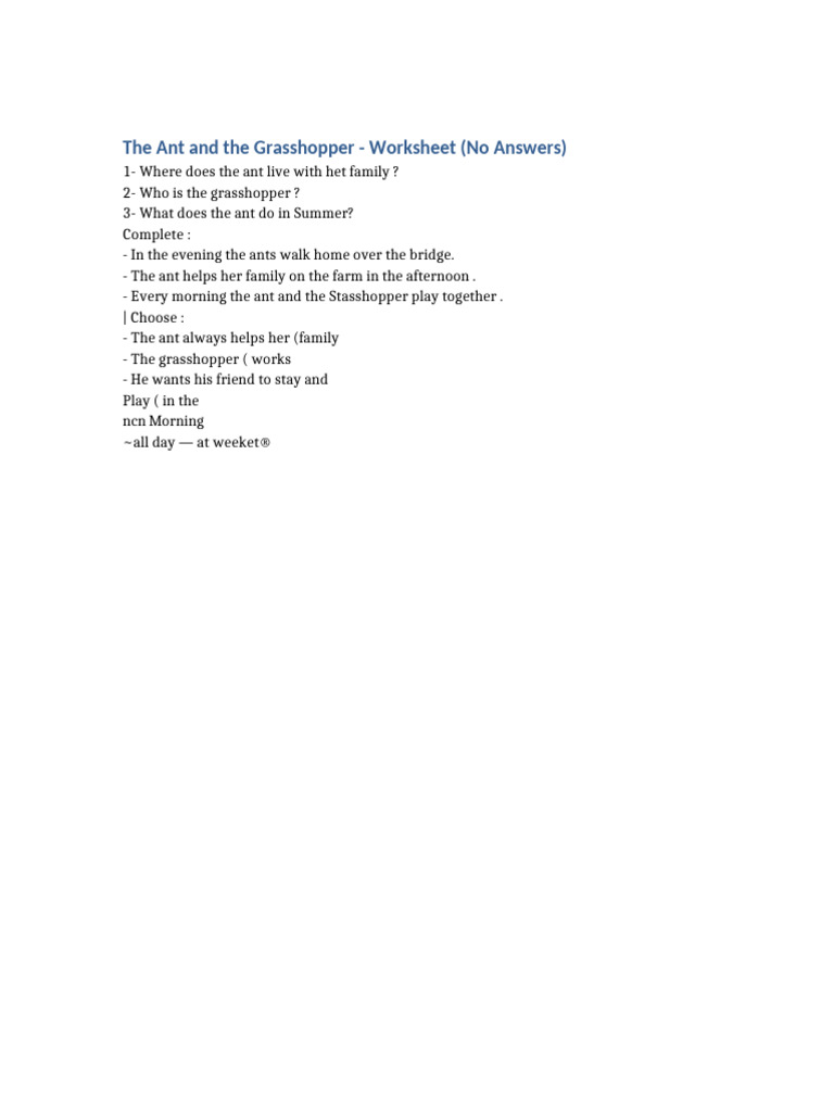 Ant and Grasshopper Worksheet | PDF