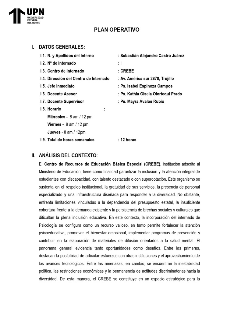 Plan Operativo del CREBE para Inclusión Educativa | PDF | Sicología ...