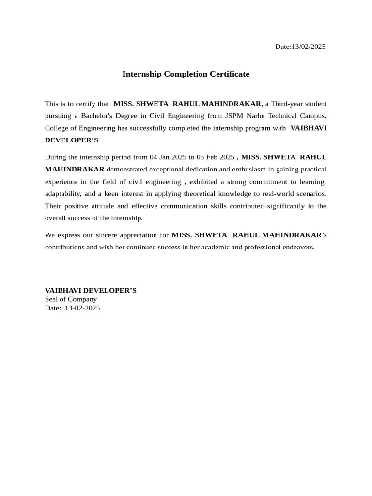 Internship Certificate for Shweta Mahindrakar | PDF