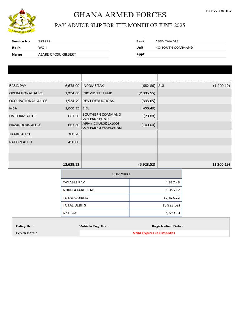 Ghana Armed Forces Pay Slip June 2025 | PDF | Economies | Taxes