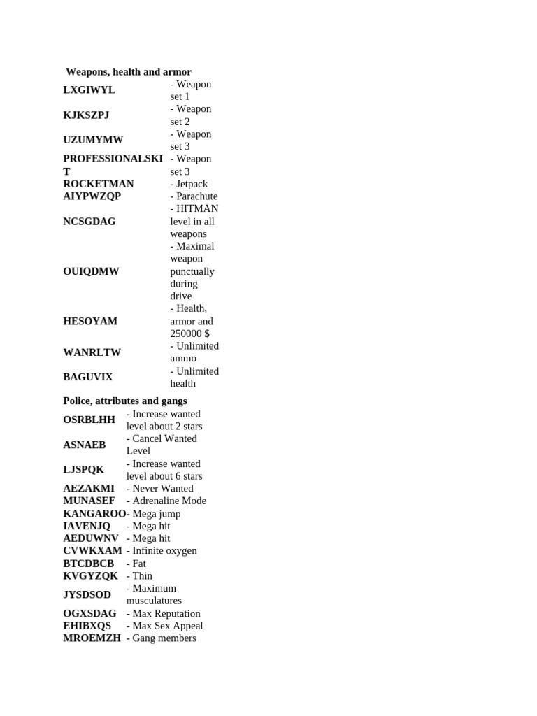 Weapons, Health, and Armor Codes | PDF | Transport